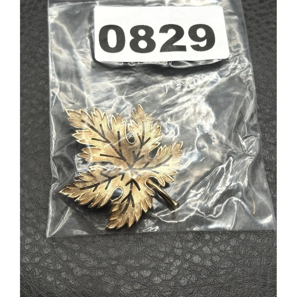 Crown Trifari Maple Leaf Brooch Brushed Gold Tone Vintage Designer Pin